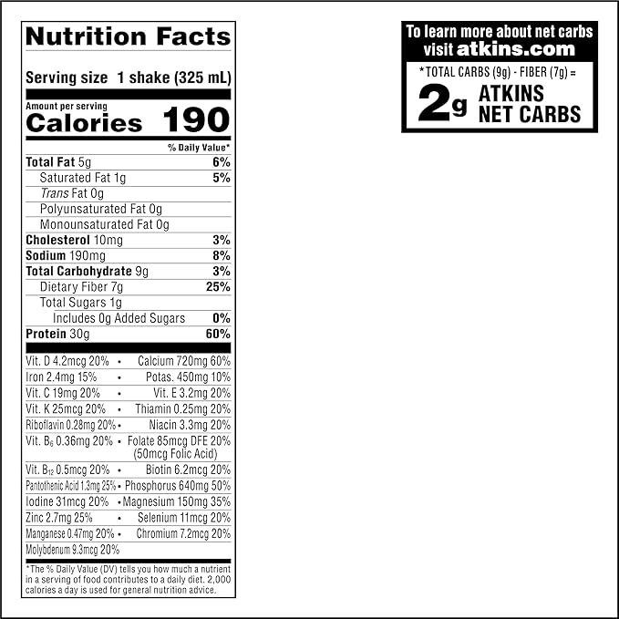 Protein Shake, 30g Protein, 7g Fiber, 1g Net Carb, 1g Sugar, Keto Friendly, Low Carb, High Protein Drink, 12 Count
